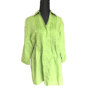 David Brooks Lime Green Linen Cotton Pintuck Button Down Tunic Top Size M
